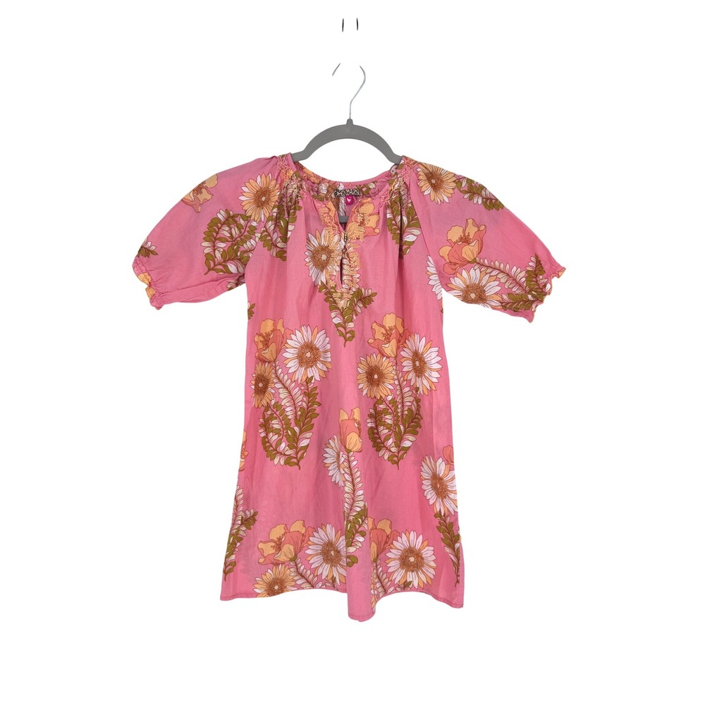Pink Chicken Girls Dress 7Y Pink Sunflower Floral Embroidered Peasant Cotton